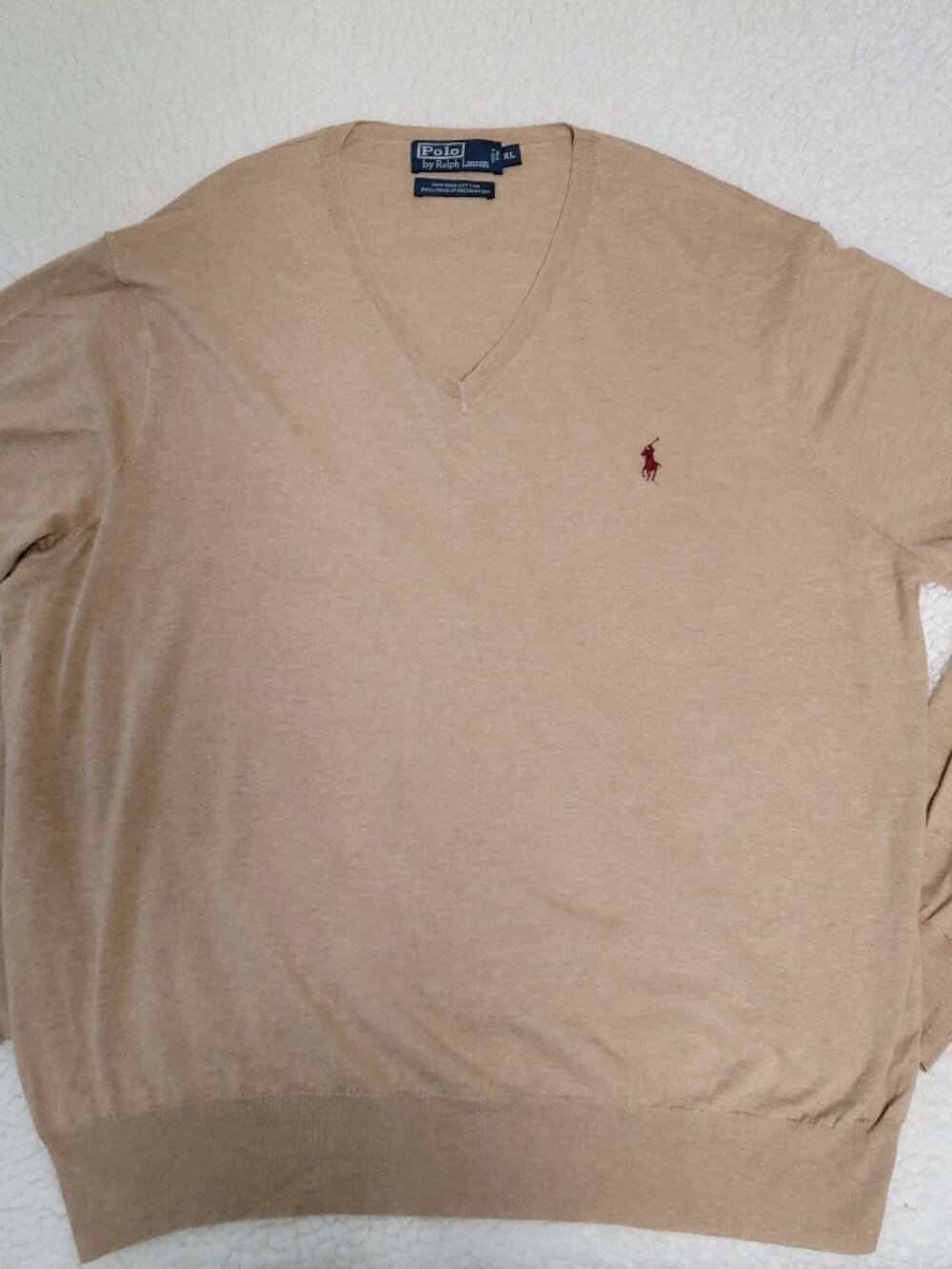 Polo Ralph Lauren Sweater Mens XL Beige V Neck 100% Pima Cotton Red Pony Logo
